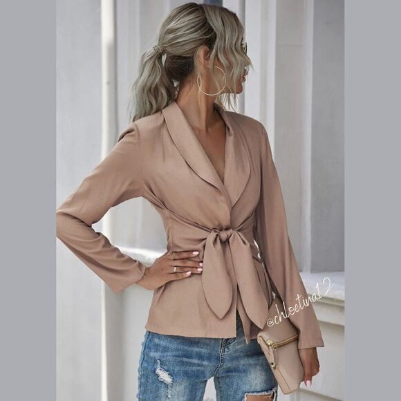 Women's V Neck Blazer Jacket Self Tie Knot Yellow or Choose Color - Picture 13 of 16